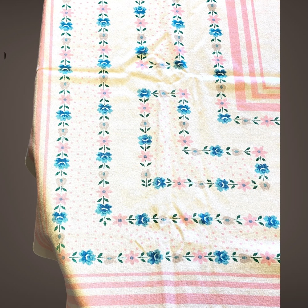 Vintage Spring Easter Tablecloth 63x51‎ Pink Blue Floral Stripes Dots - Picture 6 of 8